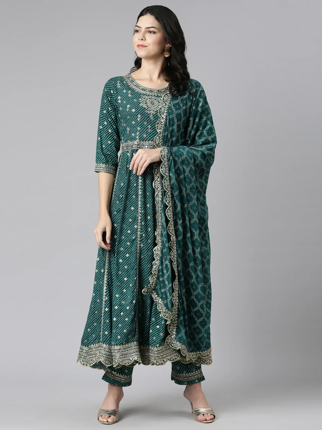 Neerus Green Pleated Straight Embroidered Readymade suits - Image 5