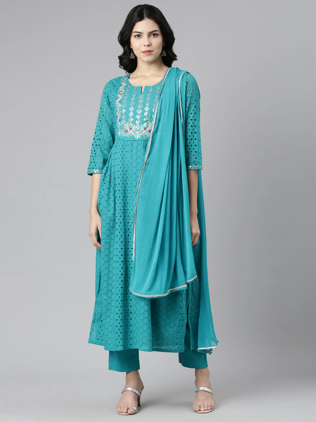 Neerus Green Pleated Straight Embroidered Readymade suits