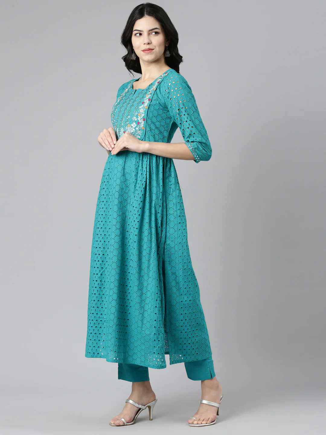 Neerus Green Pleated Straight Embroidered Readymade suits - Image 2