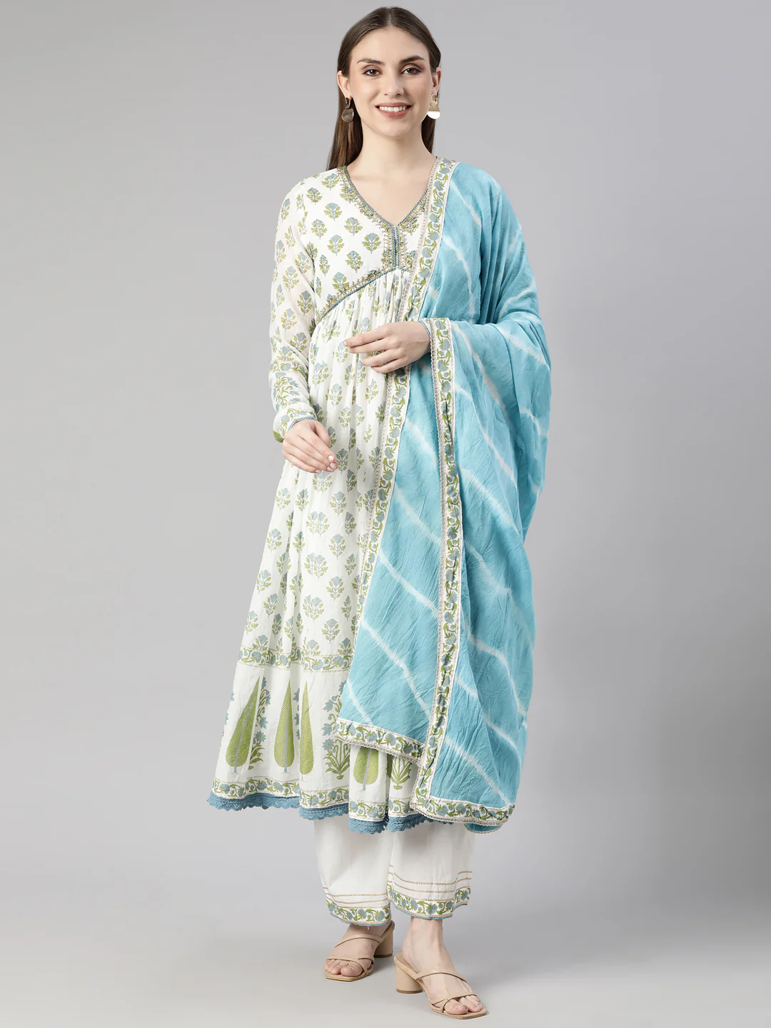Neerus Green Pleated Straight Floral Kurta And Palazzos With Dupatta