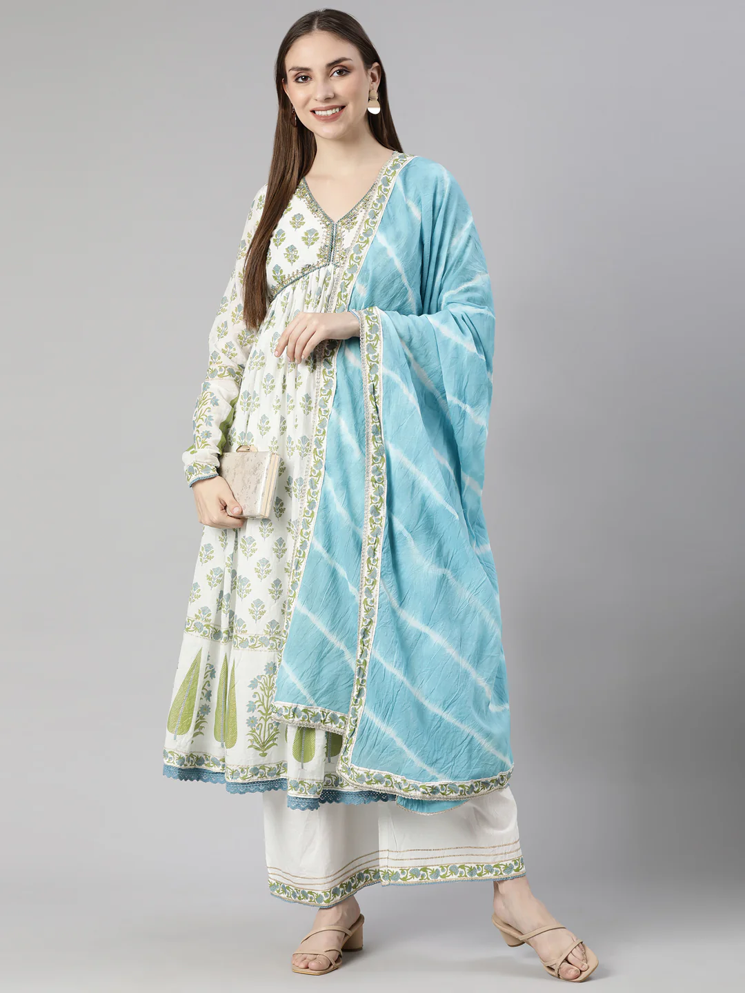Neerus Green Pleated Straight Floral Kurta And Palazzos With Dupatta - Image 5