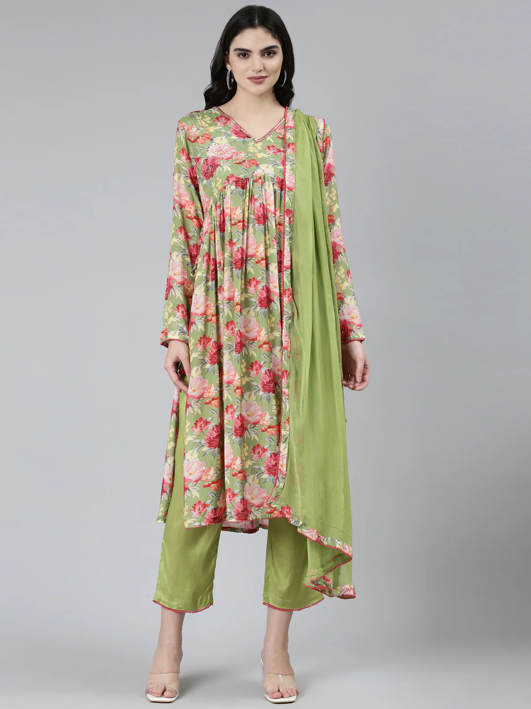 Neerus Green Pleated Straight Floral Readymade suits