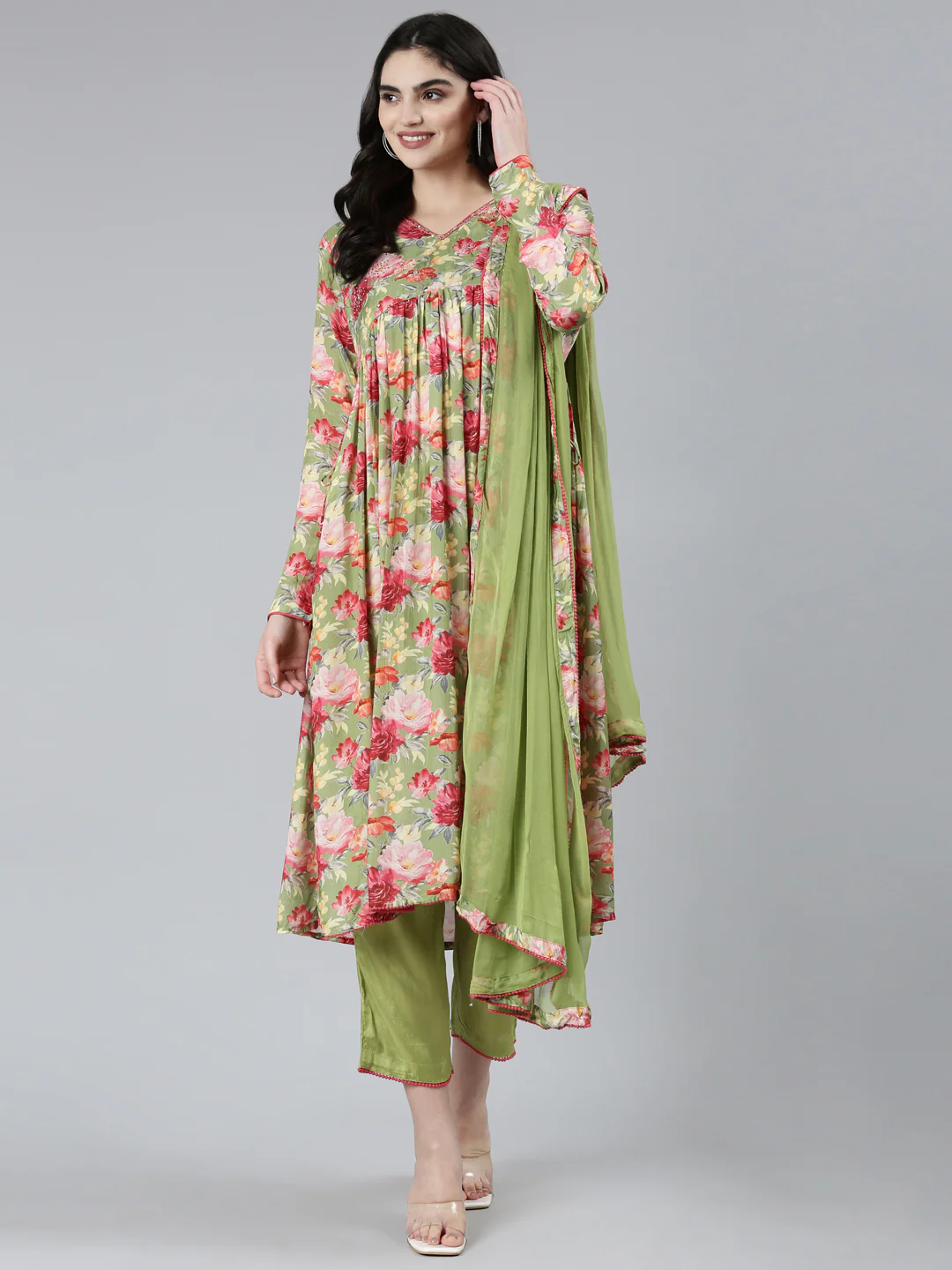 Neerus Green Pleated Straight Floral Readymade suits - Image 5