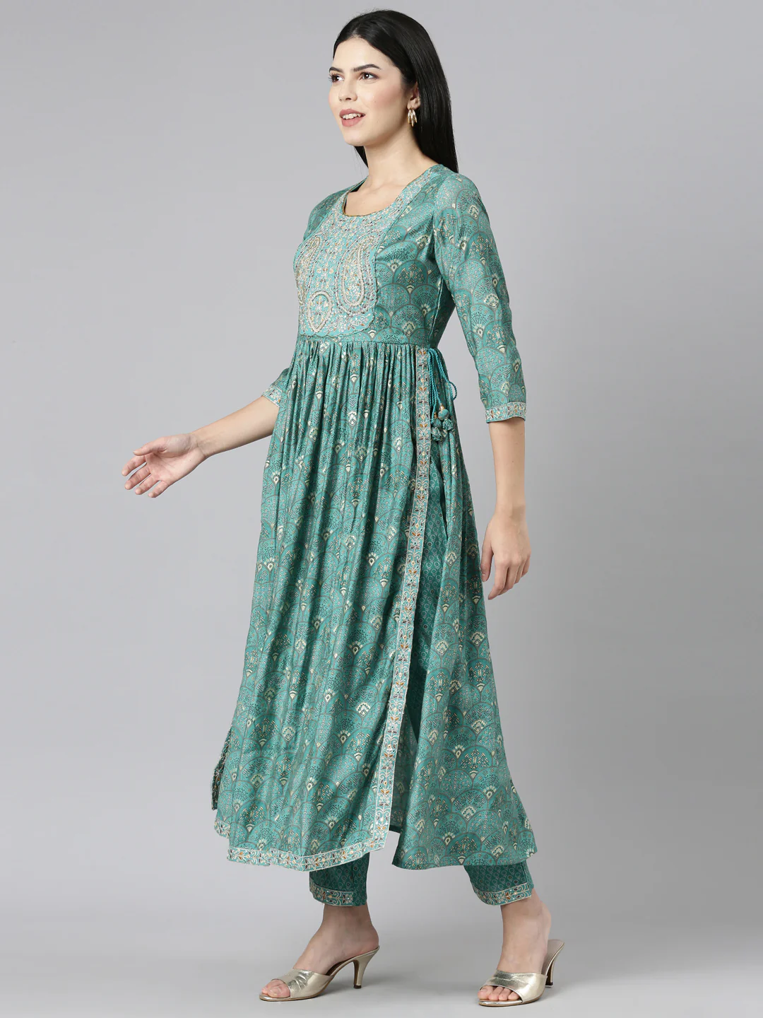 Neerus Green Pleated Straight Printed Readymade suits - Image 2