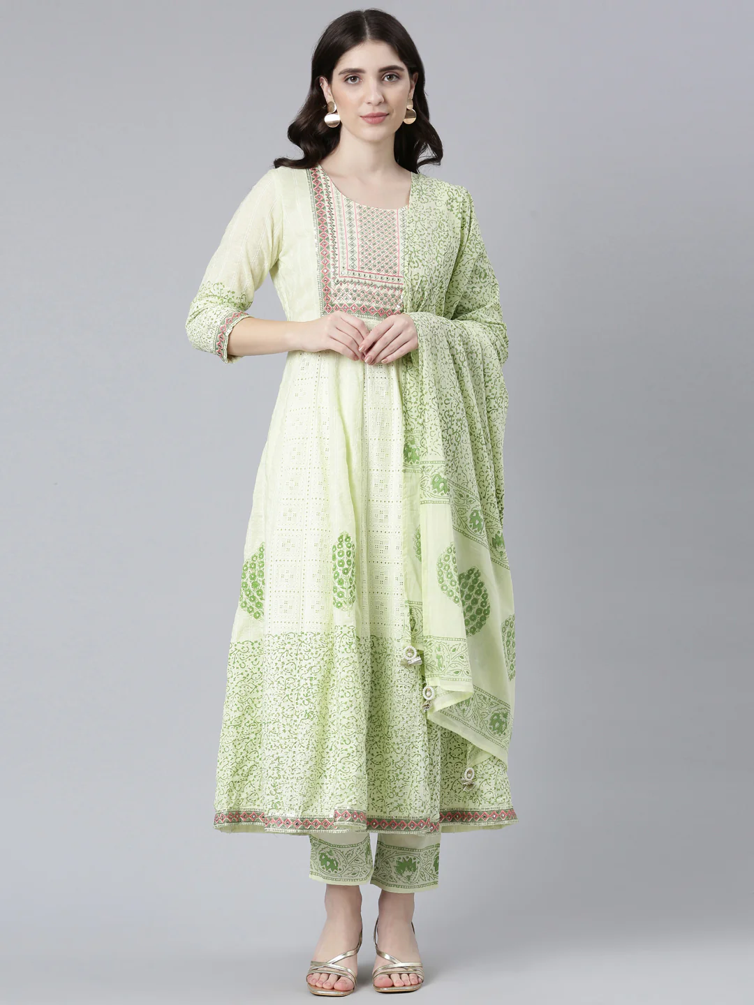 Neerus Green Pleated Straight Printed Readymade suits