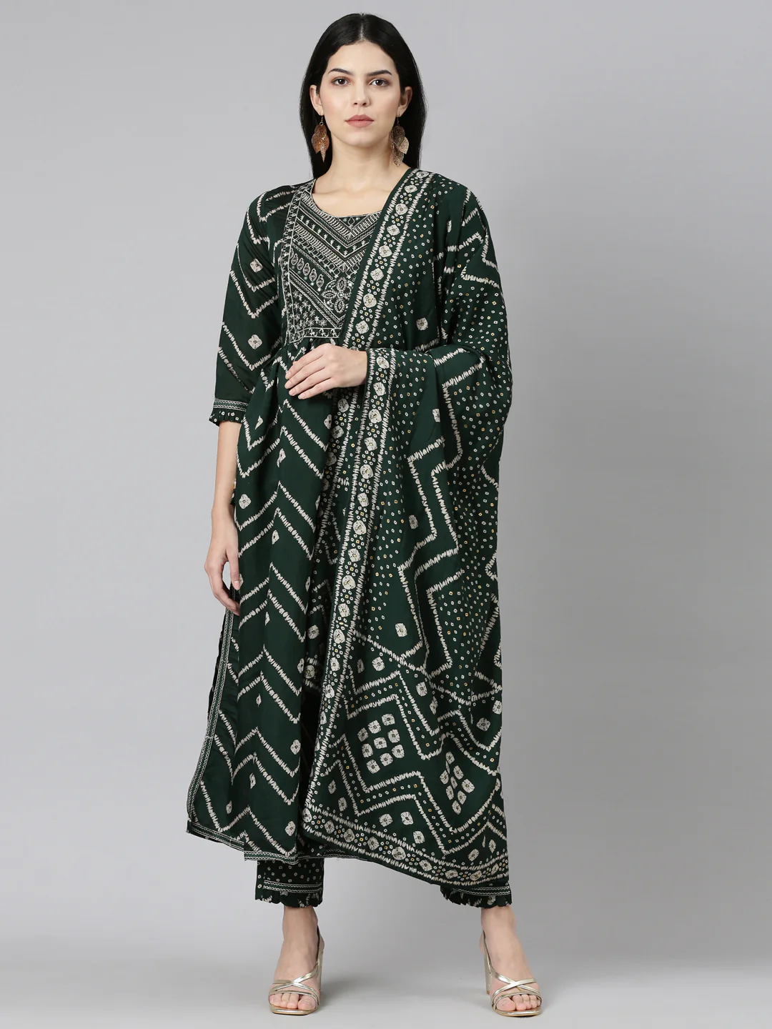 Neerus Green Pleated Straight Printed Readymade suits