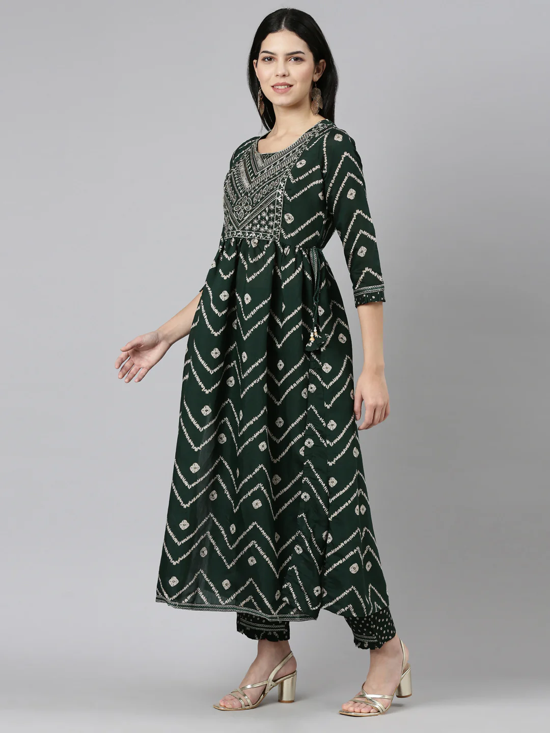Neerus Green Pleated Straight Printed Readymade suits - Image 2