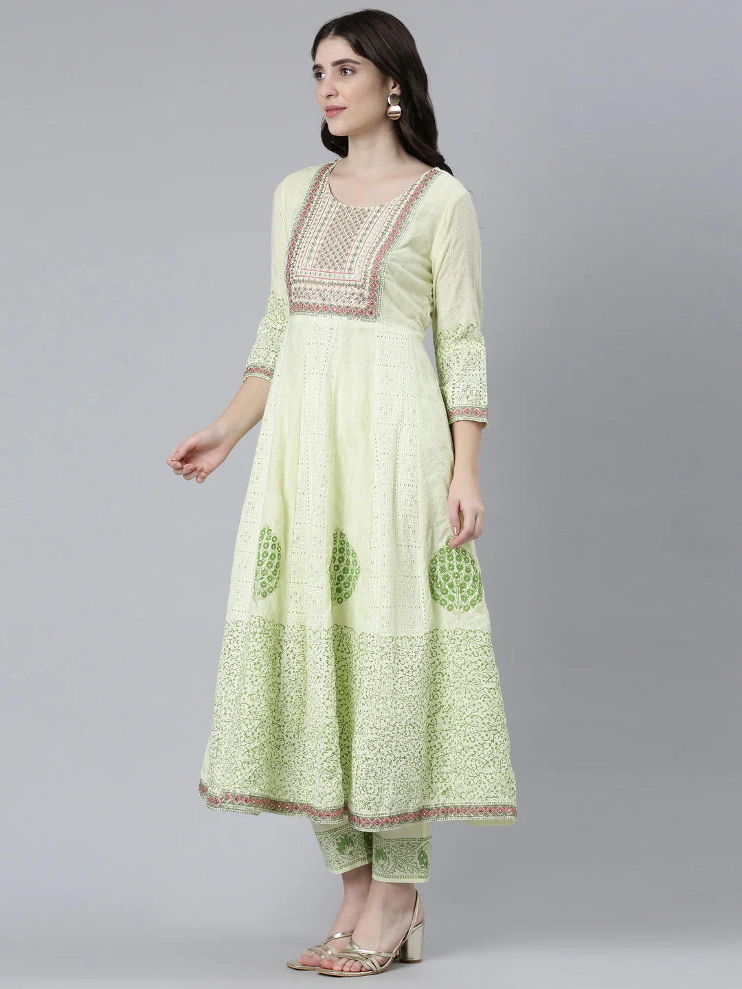 Neerus Green Pleated Straight Printed Readymade suits - Image 2