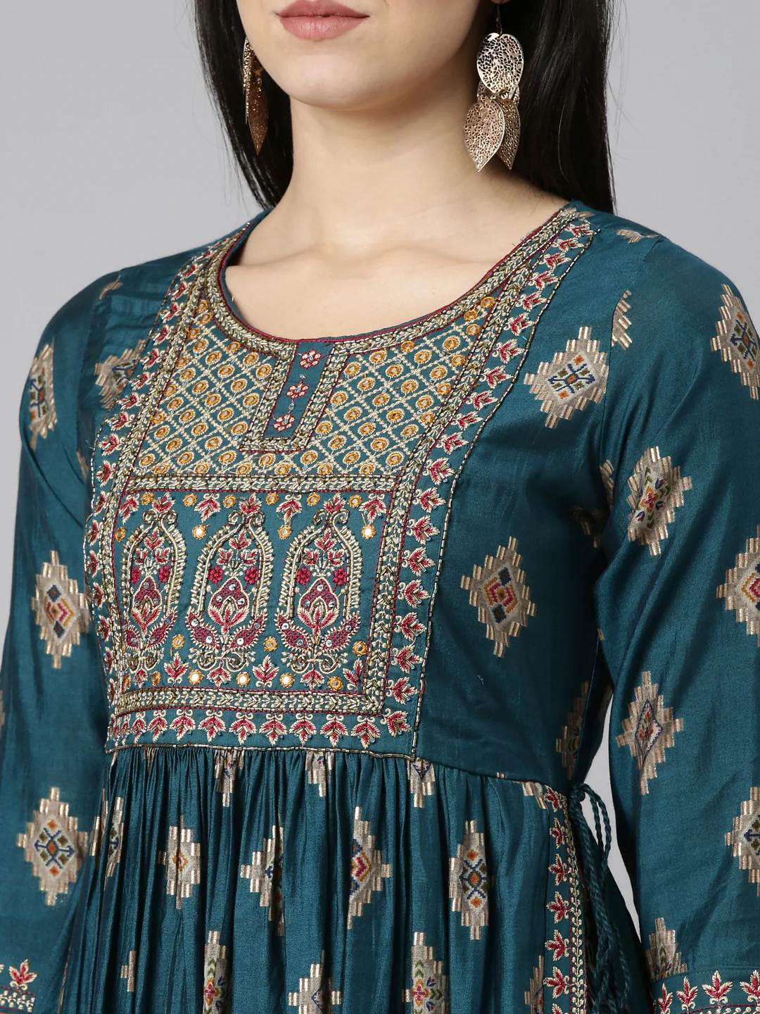 Neerus Green Pleated Straight Printed Readymade suits - Image 4
