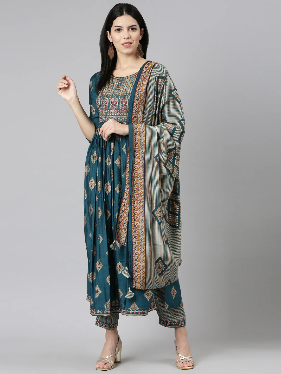 Neerus Green Pleated Straight Printed Readymade suits - Image 5