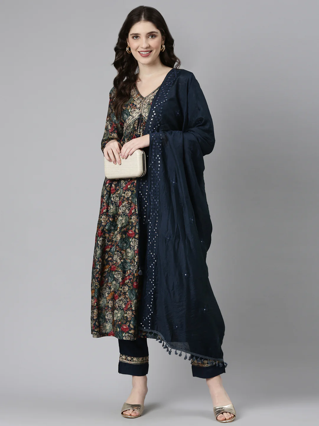Neerus Green Pleated Straight Printed Readymade suits - Image 5