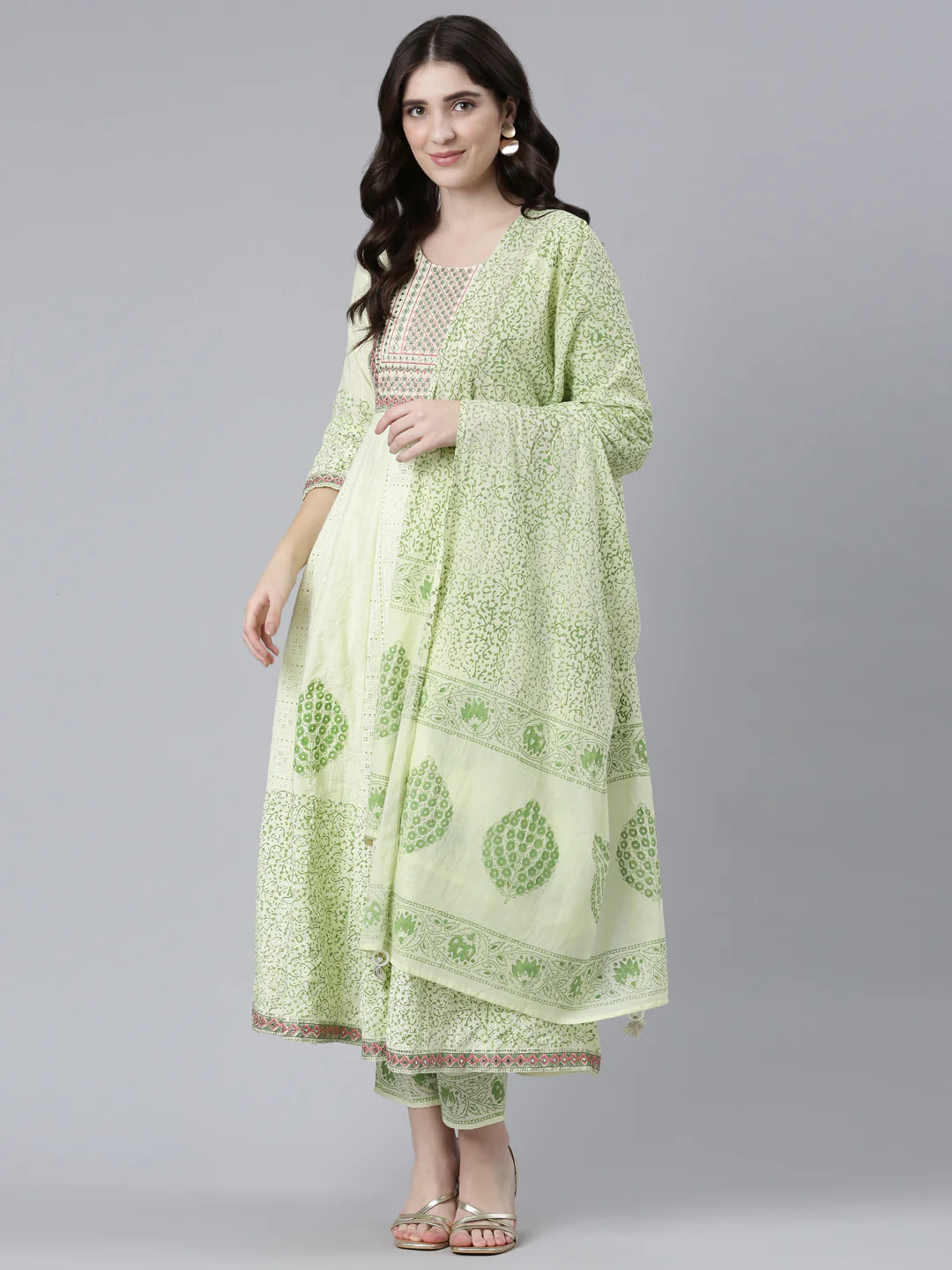 Neerus Green Pleated Straight Printed Readymade suits - Image 5