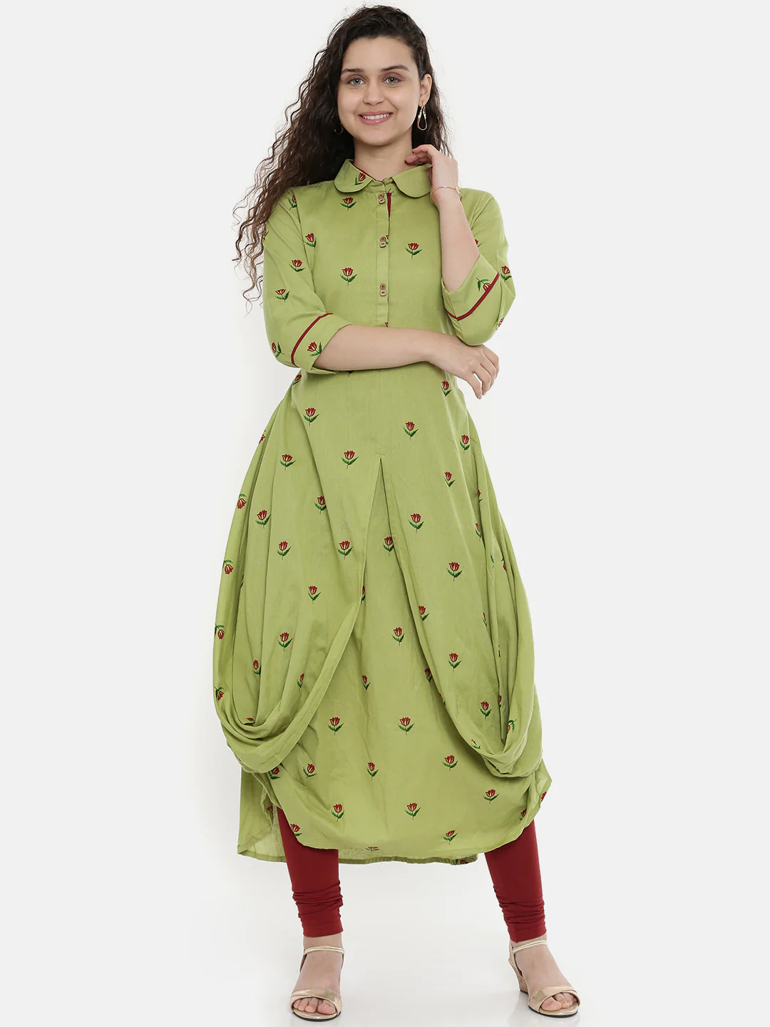 Neerus Green Printed A Line Kurta