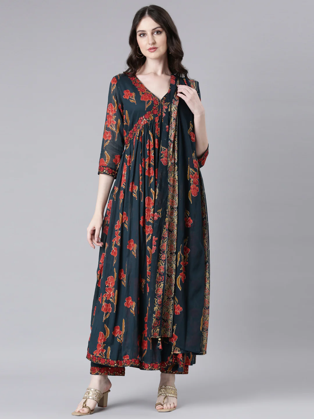 Neerus Green Printed Anarkali Kurta and Trousers With Dupatta