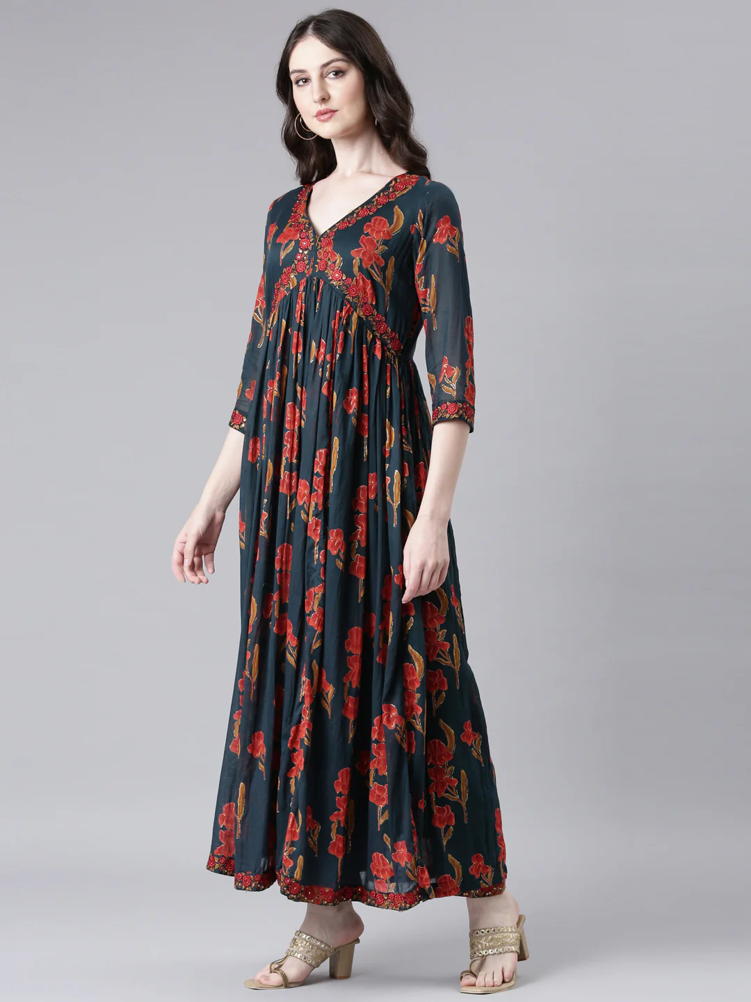 Neerus Green Printed Anarkali Kurta and Trousers With Dupatta - Image 2