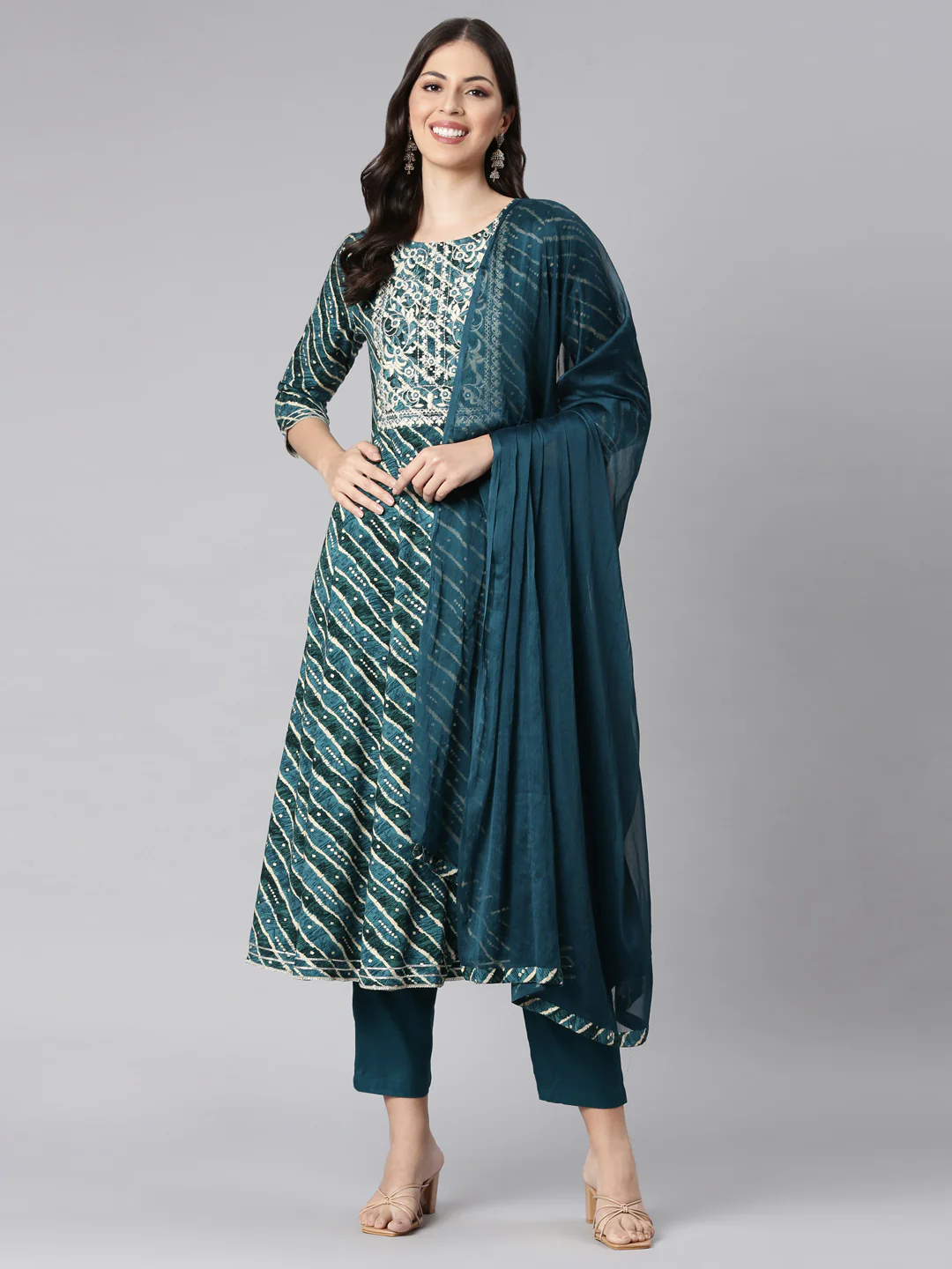 Neerus Green Printed Anarkali Kurta and Trousers With Dupatta - Image 5