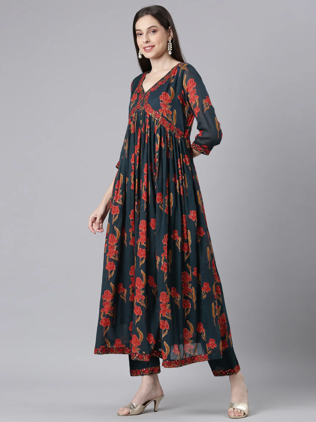 Neerus Green Printed Anarkali Kurta and Trousers With Dupatta - Image 2