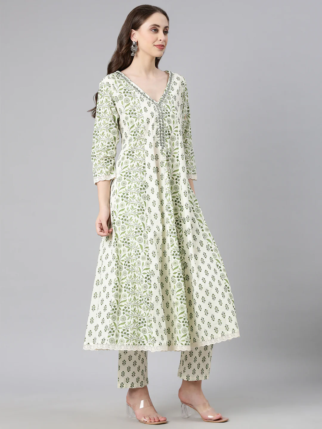 Neerus Green Printed Anarkali Kurta and Trousers With Dupatta - Image 2
