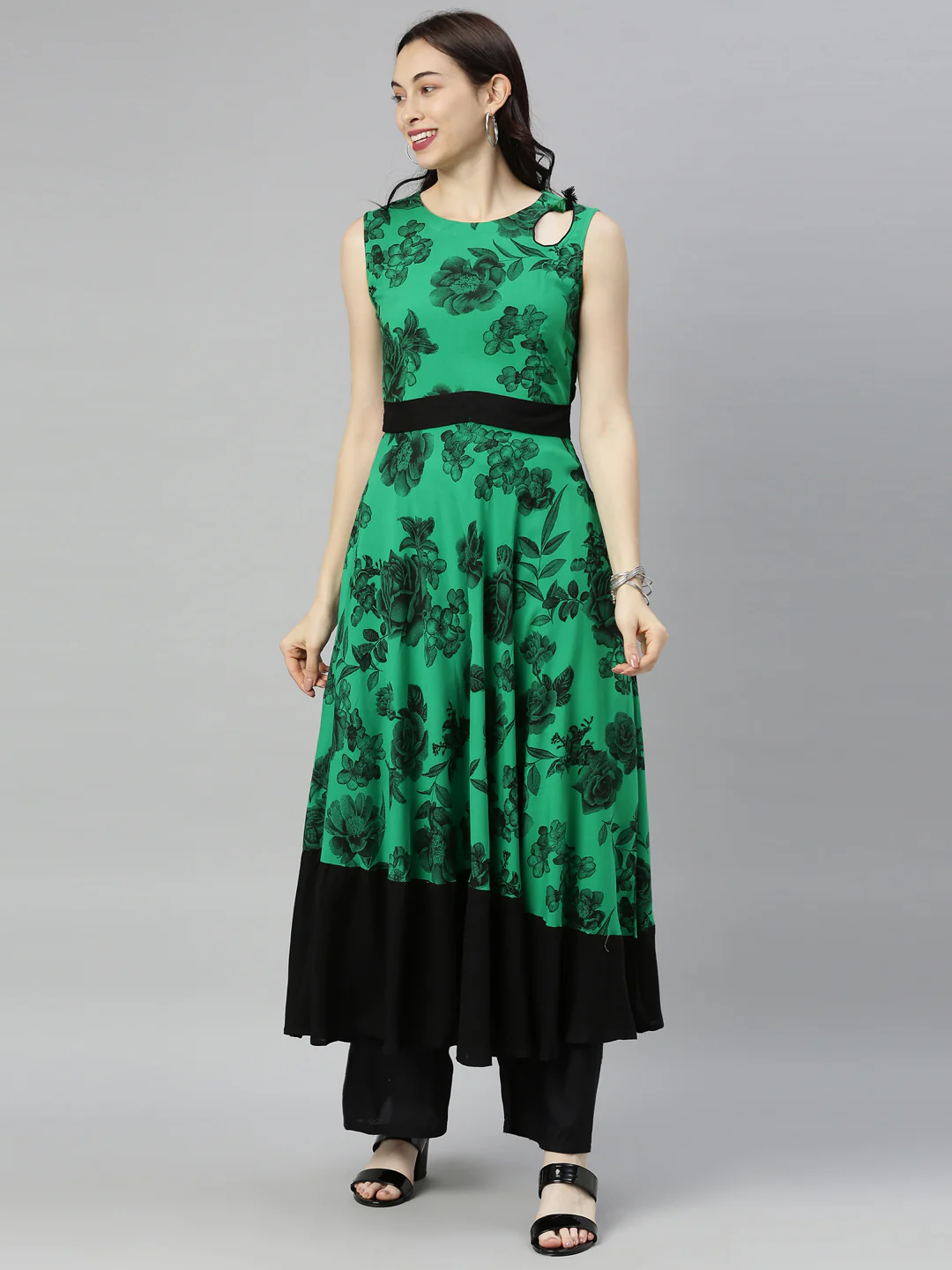Neerus Green Printed Fit & Flare Kurta