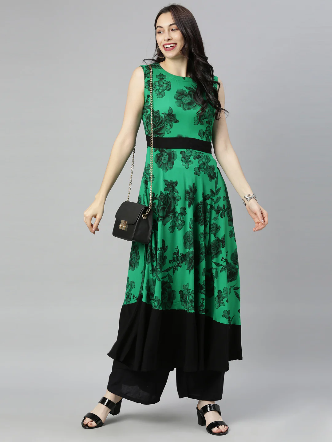 Neerus Green Printed Fit & Flare Kurta - Image 8