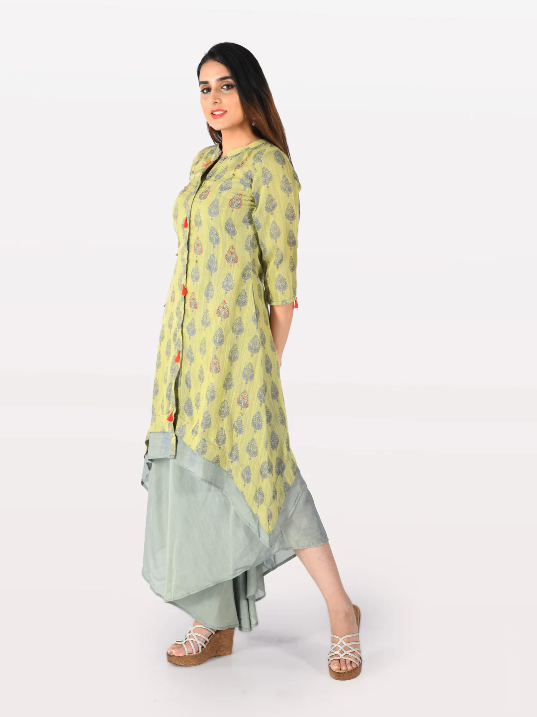 Neerus Green Printed High Low Double Layered Kurta