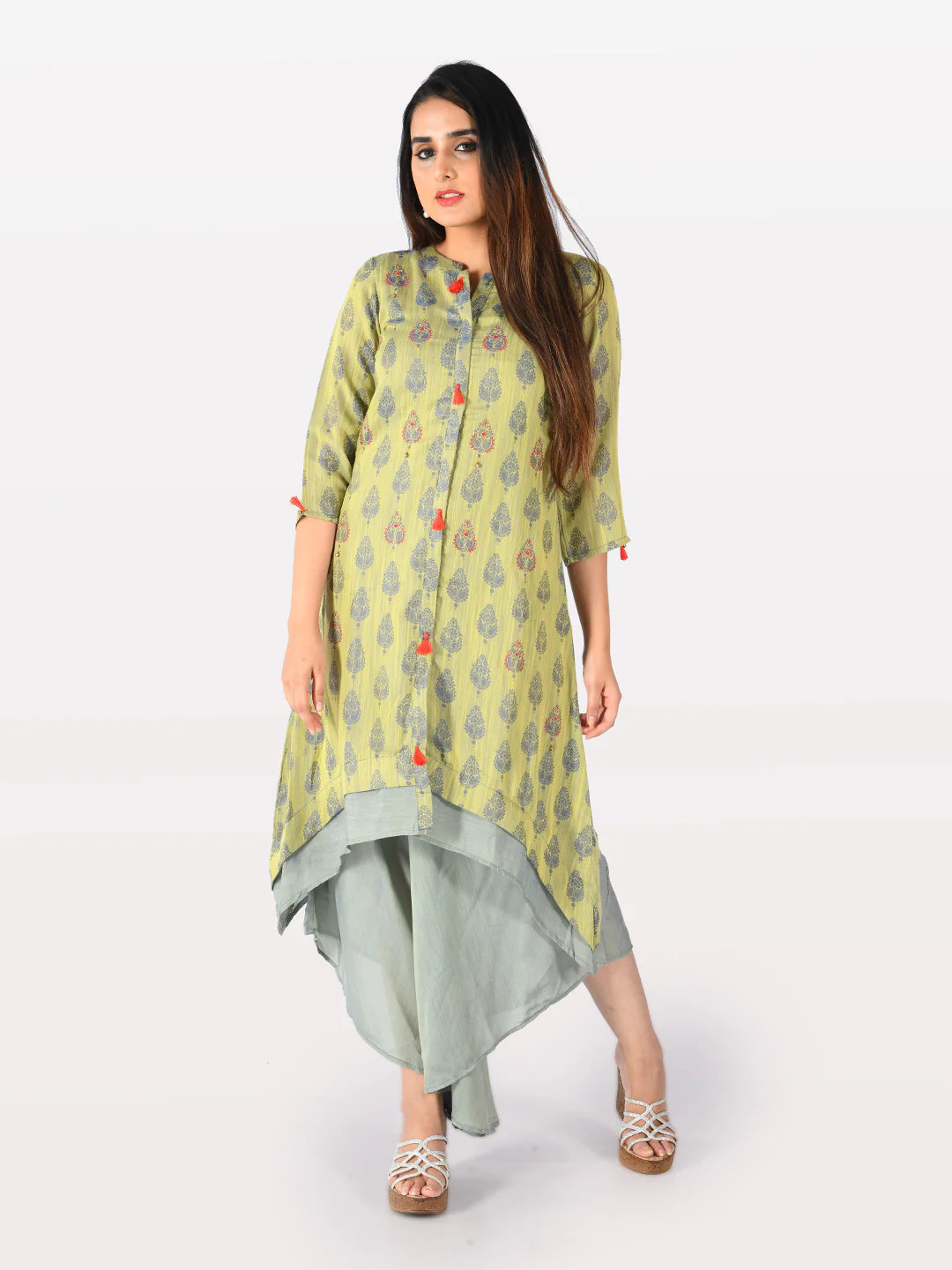 Neerus Green Printed High Low Double Layered Kurta - Image 5