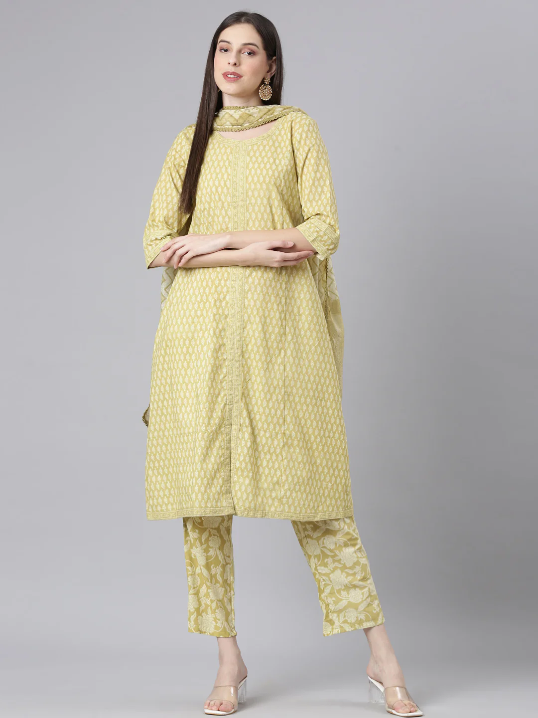 Neerus Green Printed Kurta and Trousers With Dupatta