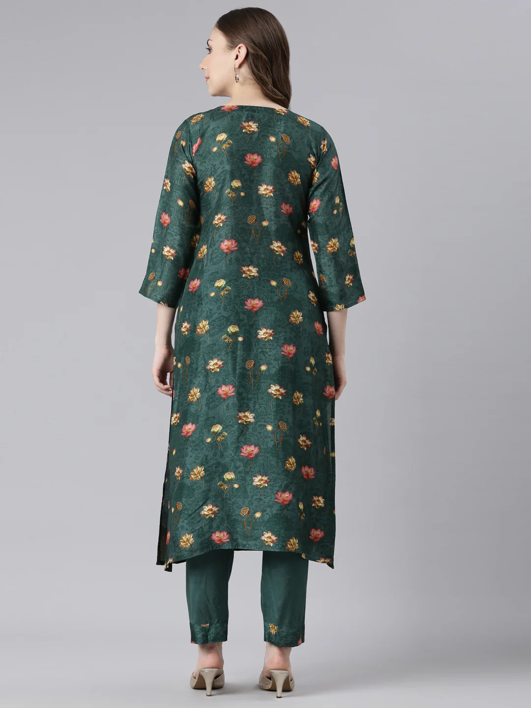 Neerus Green Raw Silk Straight Casual Floral Kurta Sets - Image 4
