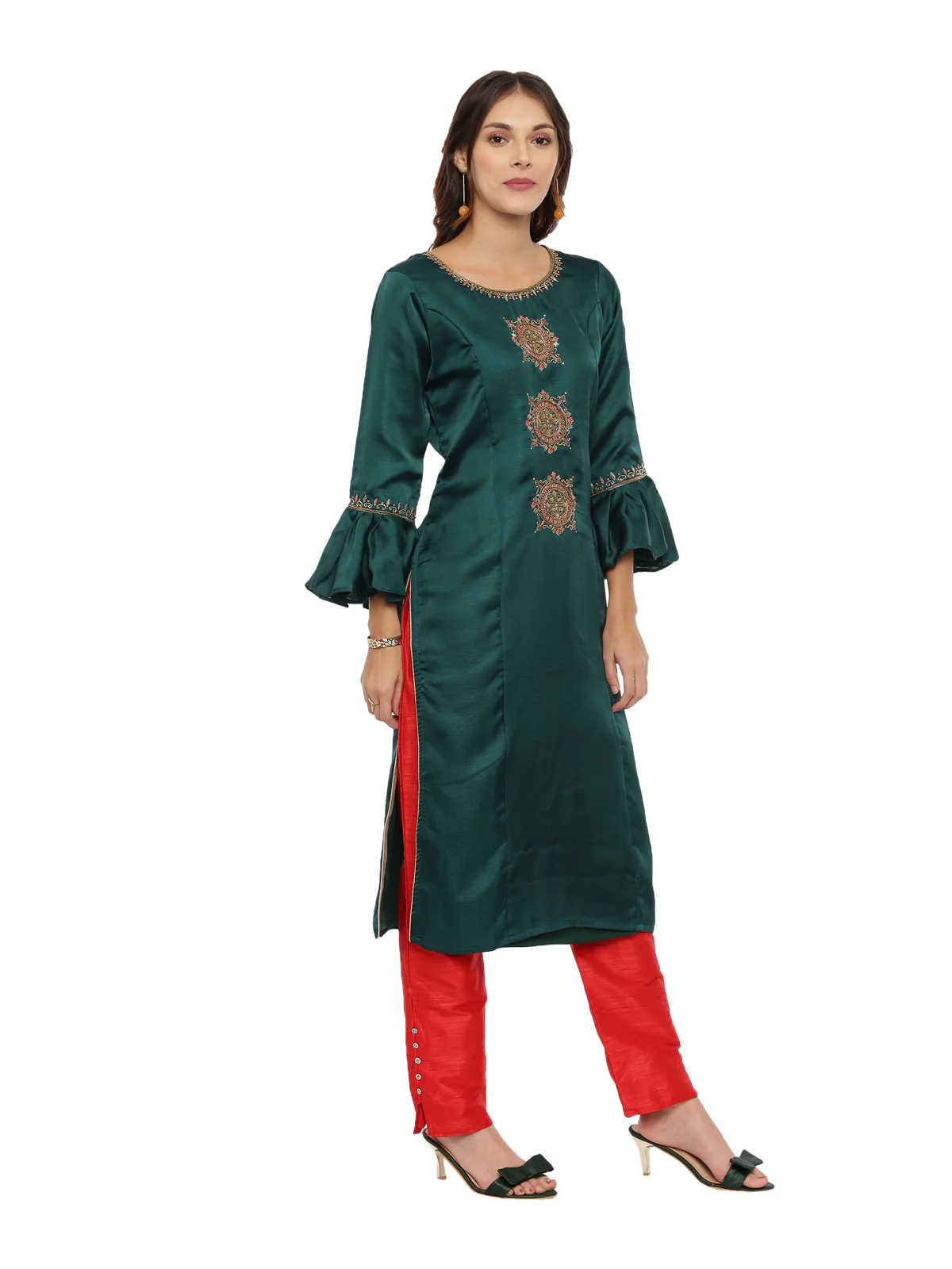 Neerus Green & Red Embellished Kurta With Palazzo & Dupatta - Image 3