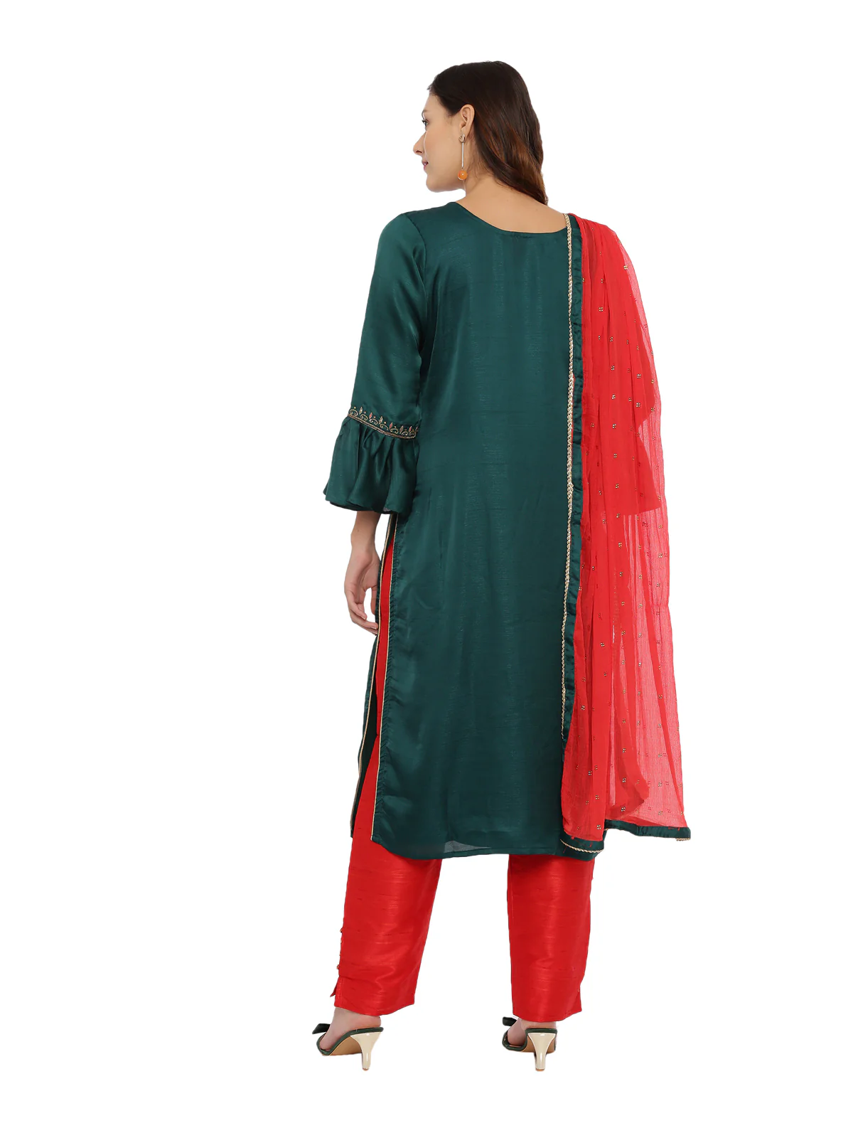 Neerus Green & Red Embellished Kurta With Palazzo & Dupatta - Image 4