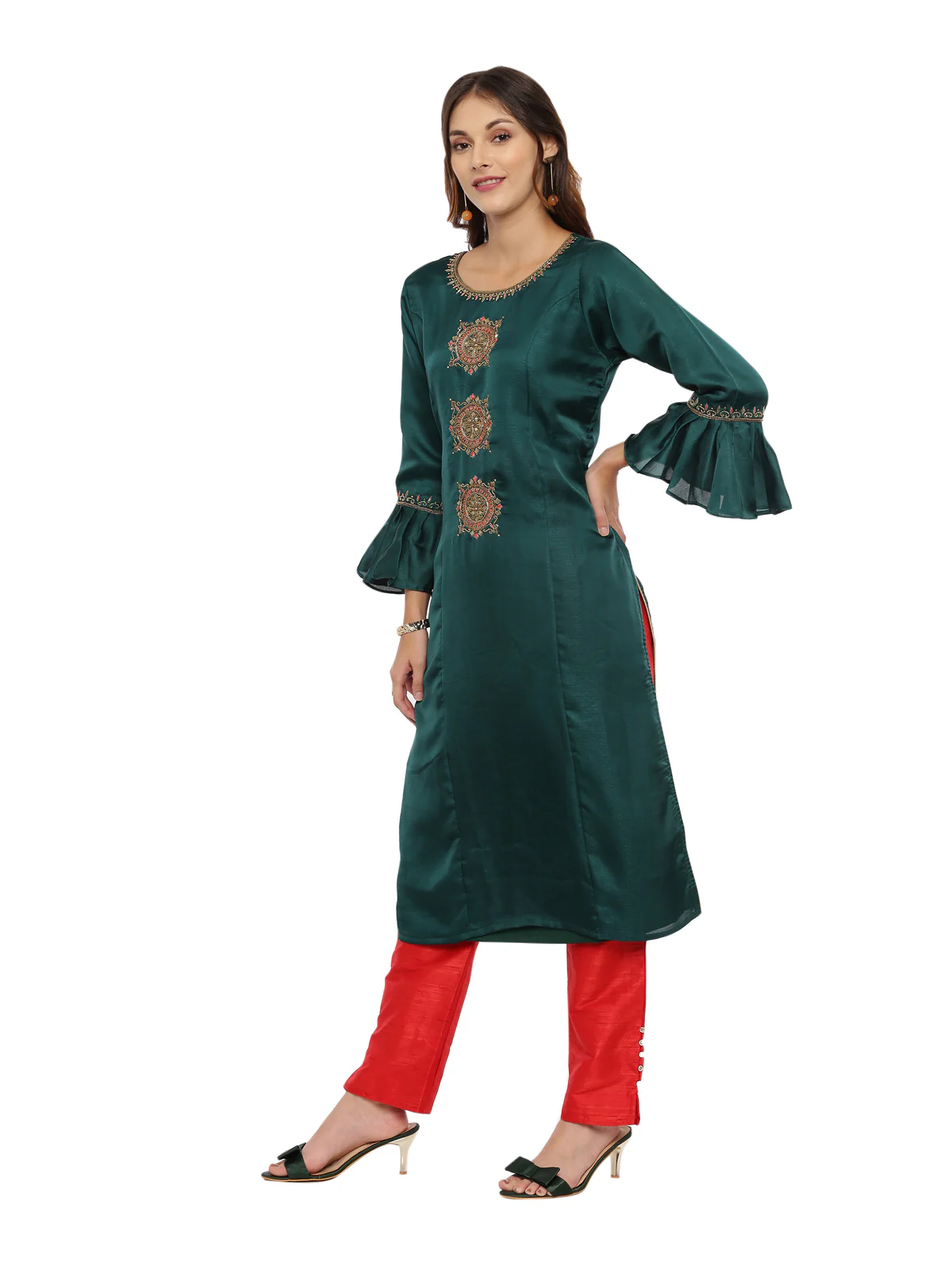 Neerus Green & Red Embellished Kurta With Palazzo & Dupatta - Image 5