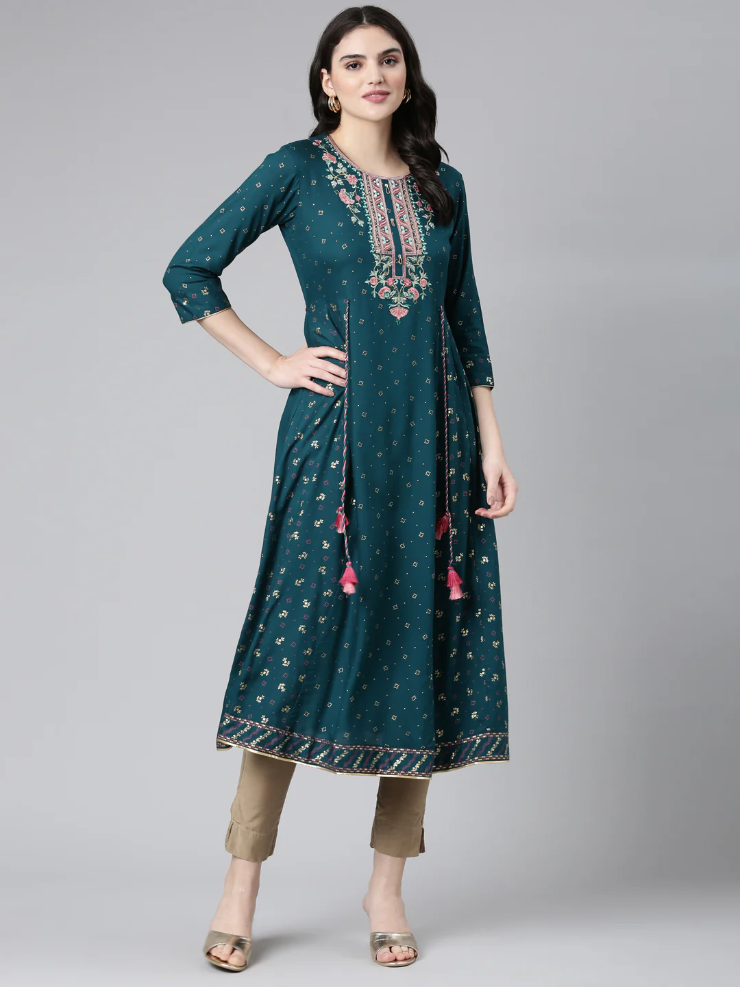 Neerus Green Regular Anarkali Embroidered Kurta - Image 5