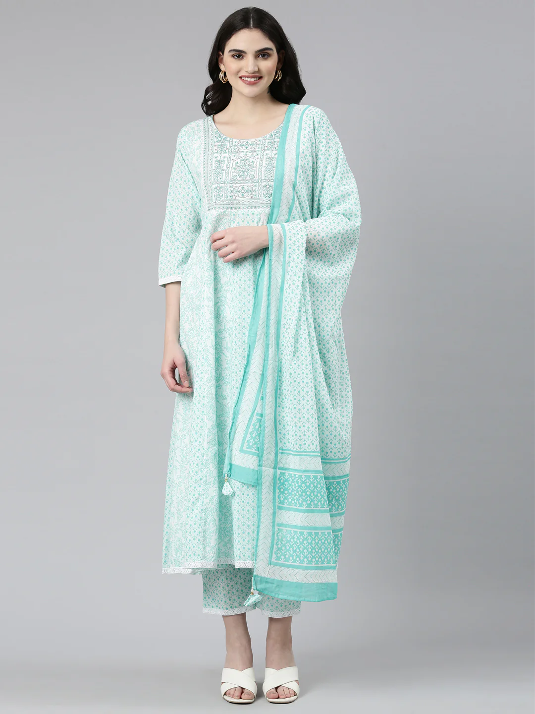 Neerus Green Regular Anarkali Printed Readymade suits