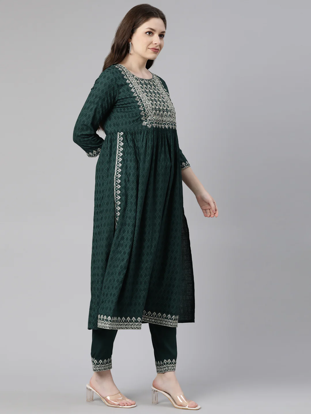 Neerus Green Regular Calf Length Printed Kurta Embroidered Trousers With Dupatta - Image 2