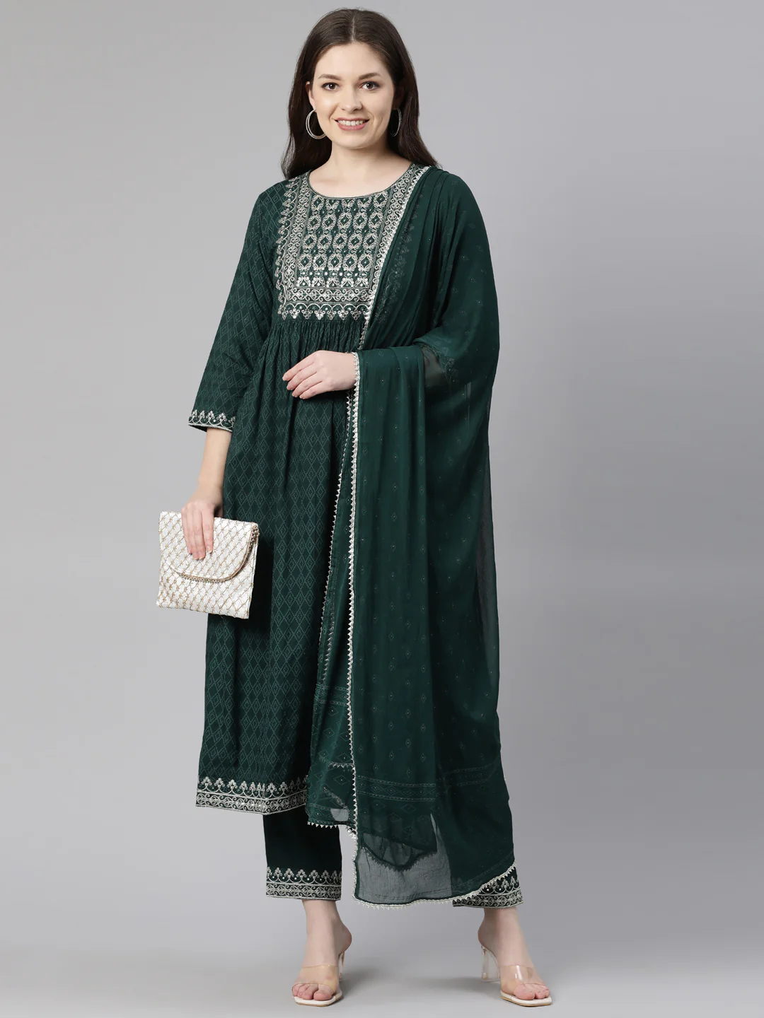 Neerus Green Regular Calf Length Printed Kurta Embroidered Trousers With Dupatta - Image 3