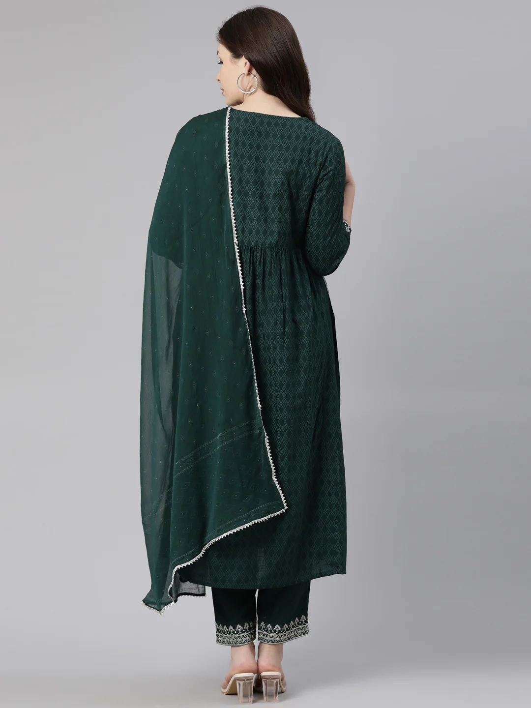 Neerus Green Regular Calf Length Printed Kurta Embroidered Trousers With Dupatta - Image 4