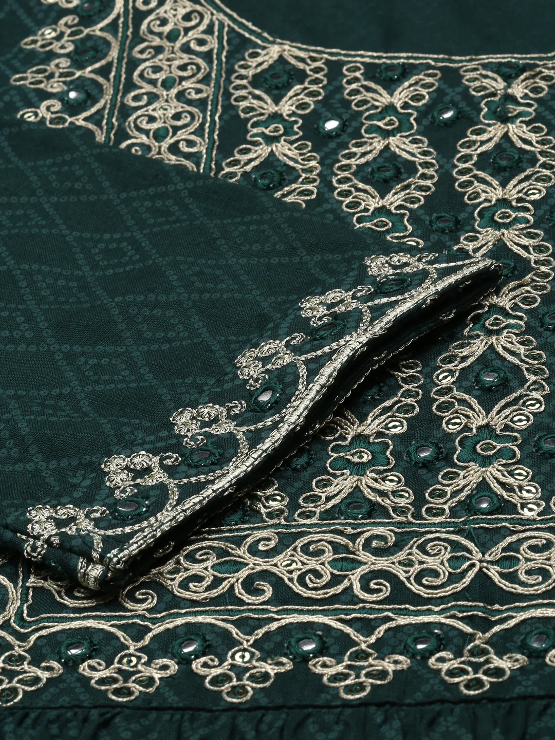 Neerus Green Regular Calf Length Printed Kurta Embroidered Trousers With Dupatta - Image 5