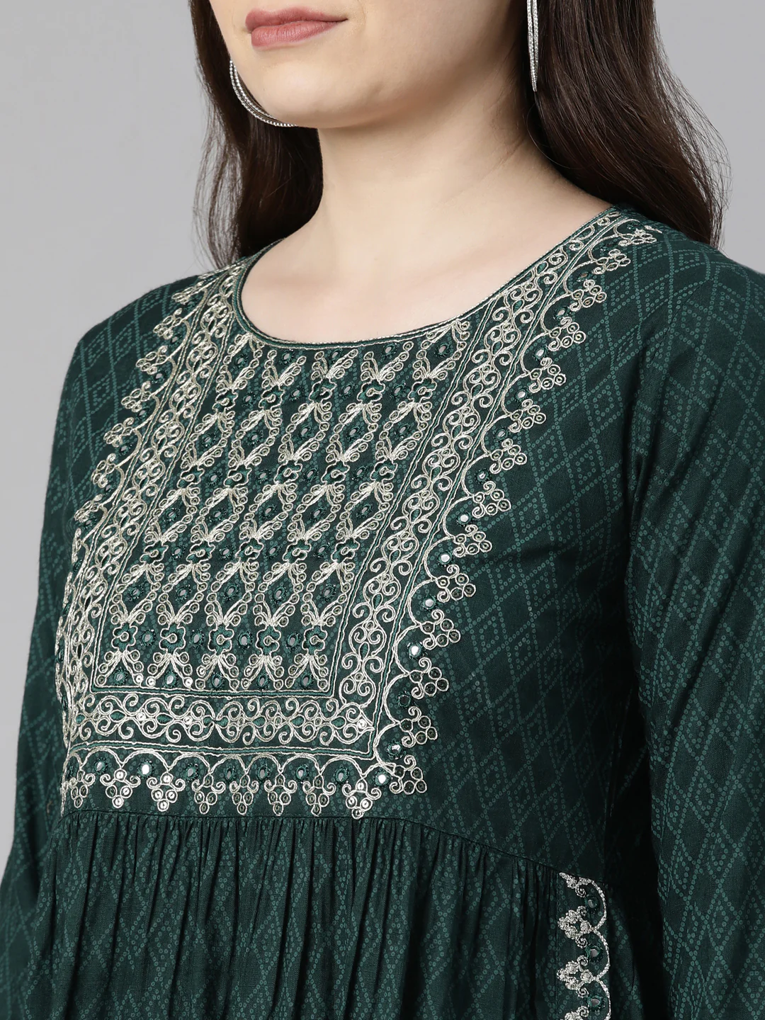 Neerus Green Regular Calf Length Printed Kurta Embroidered Trousers With Dupatta - Image 6