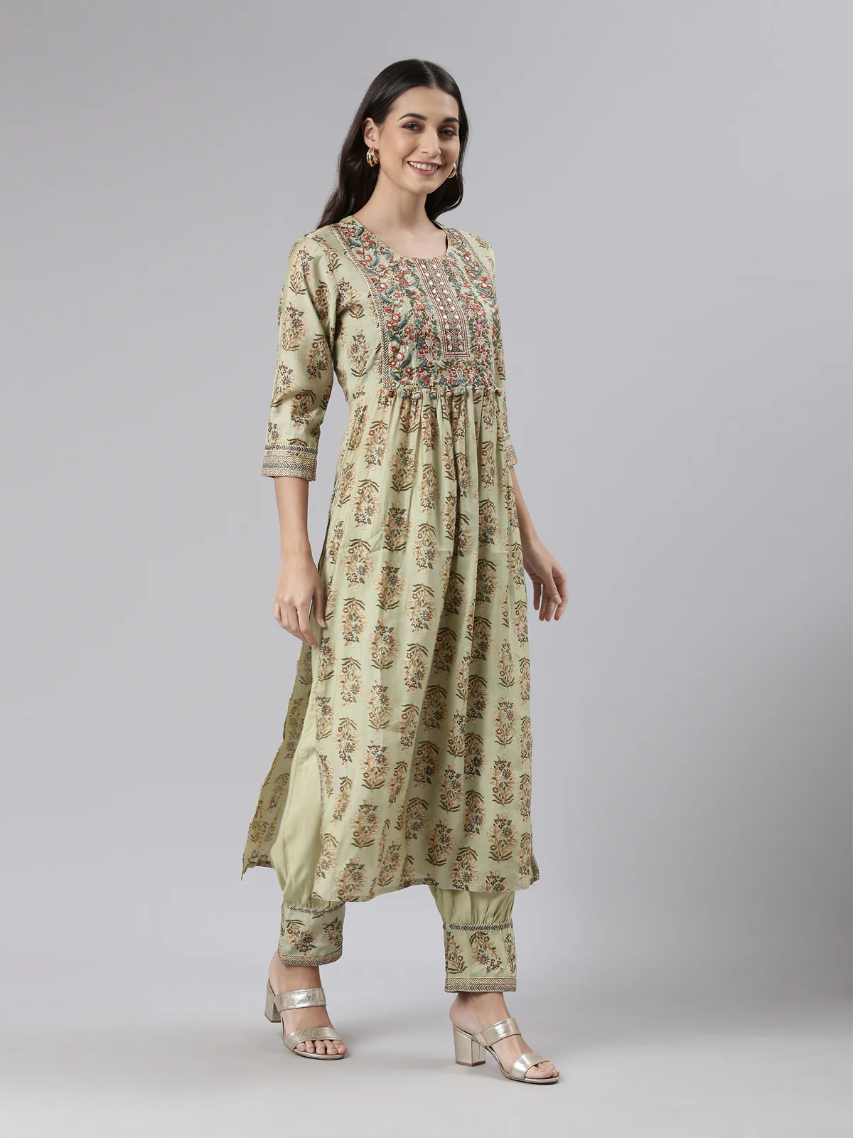 Neerus Green Regular Calf Length Printed Kurta Printed Trousers With Dupatta - Image 2