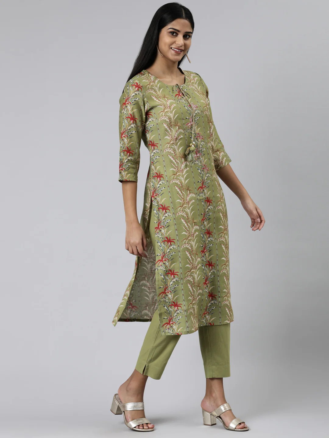 Neerus Green Regular Calf Length Printed Kurta Solid Trousers - Image 2