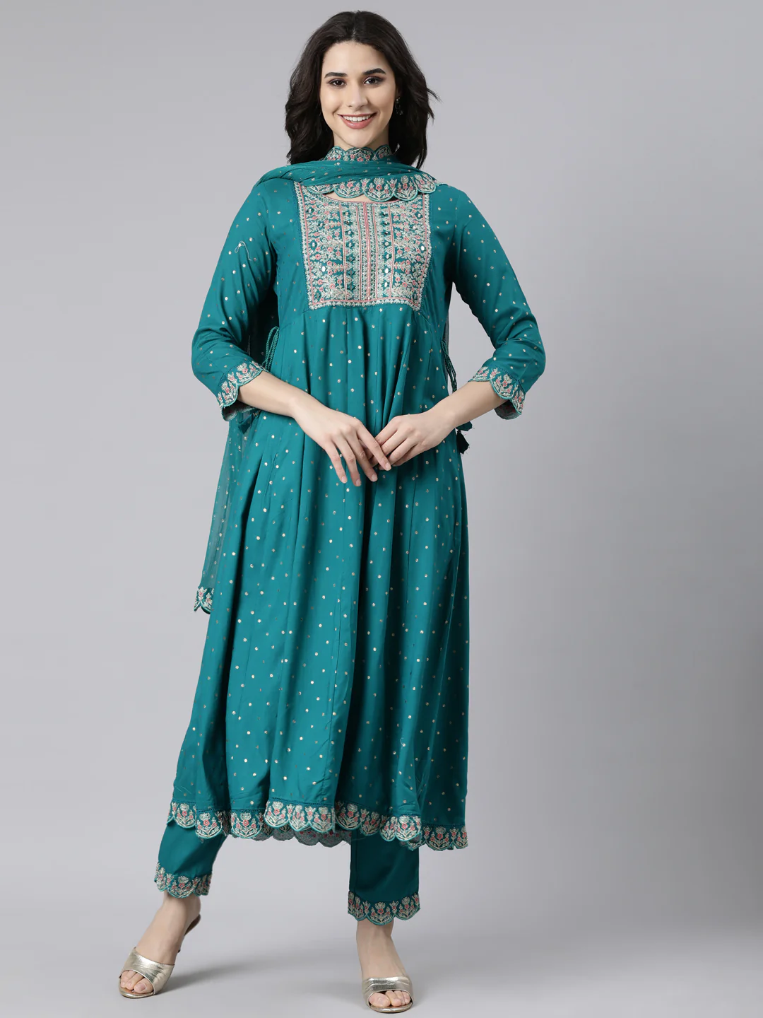 Neerus Green Regular Flared Ethnic Motifs Kurta And Trousers With Dupatta