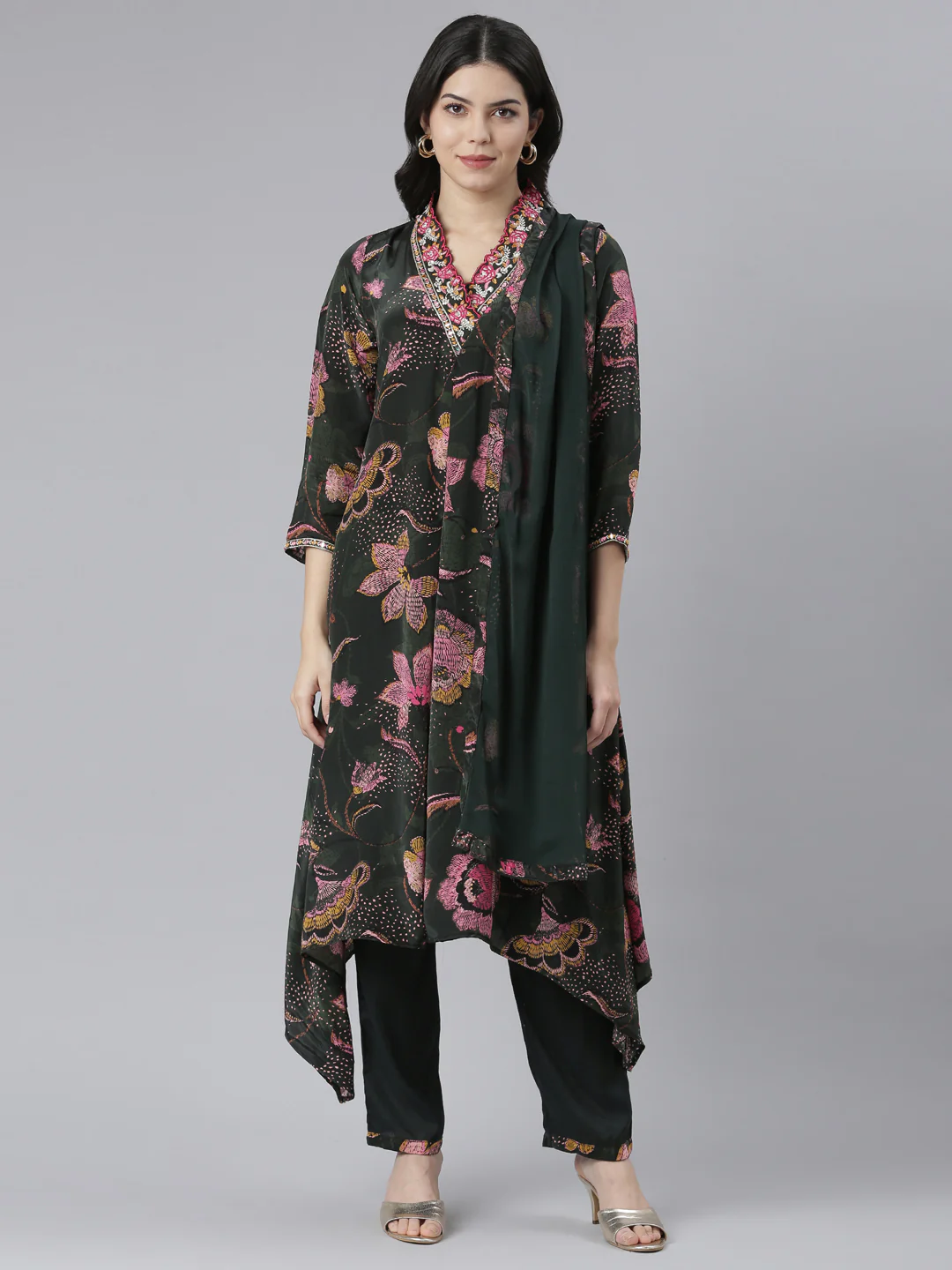 Neerus Green Regular High-Low Floral Kurta And Trousers With Dupatta