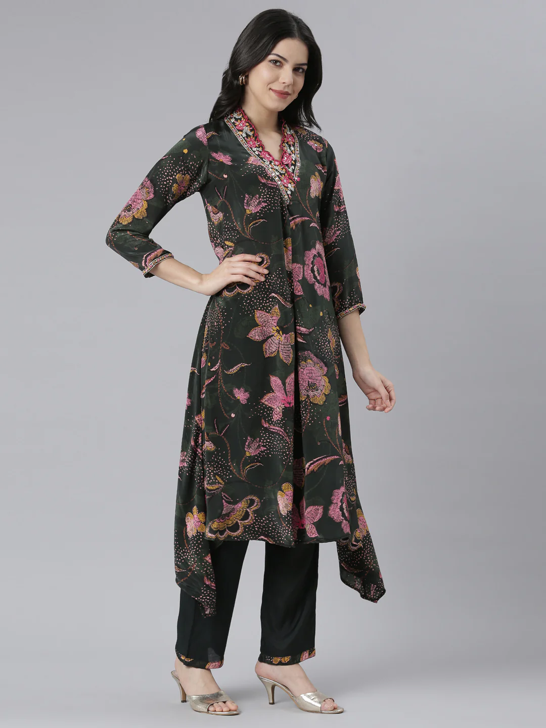 Neerus Green Regular High-Low Floral Kurta And Trousers With Dupatta - Image 2