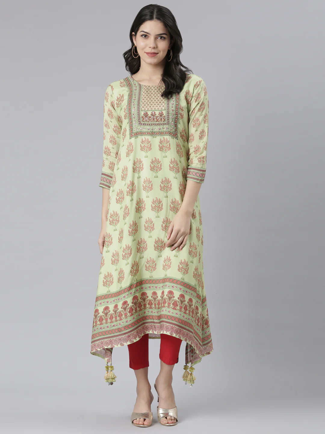 Neerus Pista Regular High-Low Kurta