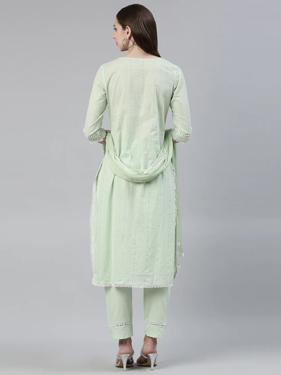 Neerus Green Regular Knee Length Embroidered Kurta Solid Trousers With Dupatta - Image 3