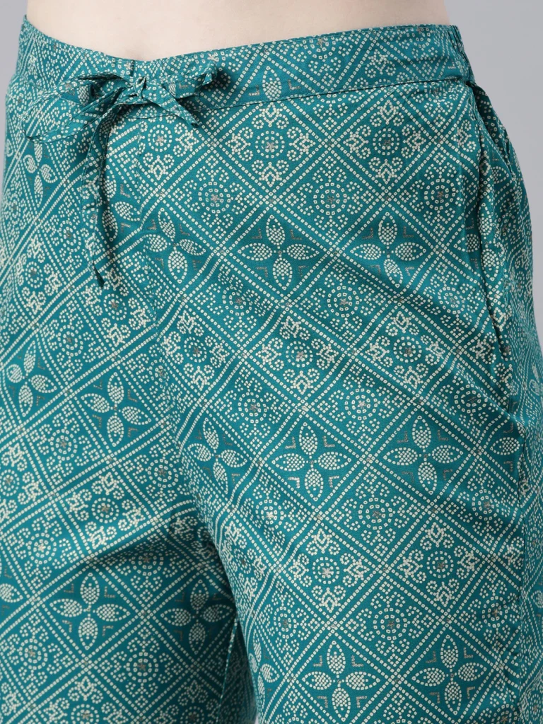 Neerus Green Regular Knee Length Printed Kurta Embroidered Trousers With Dupatta - Image 6