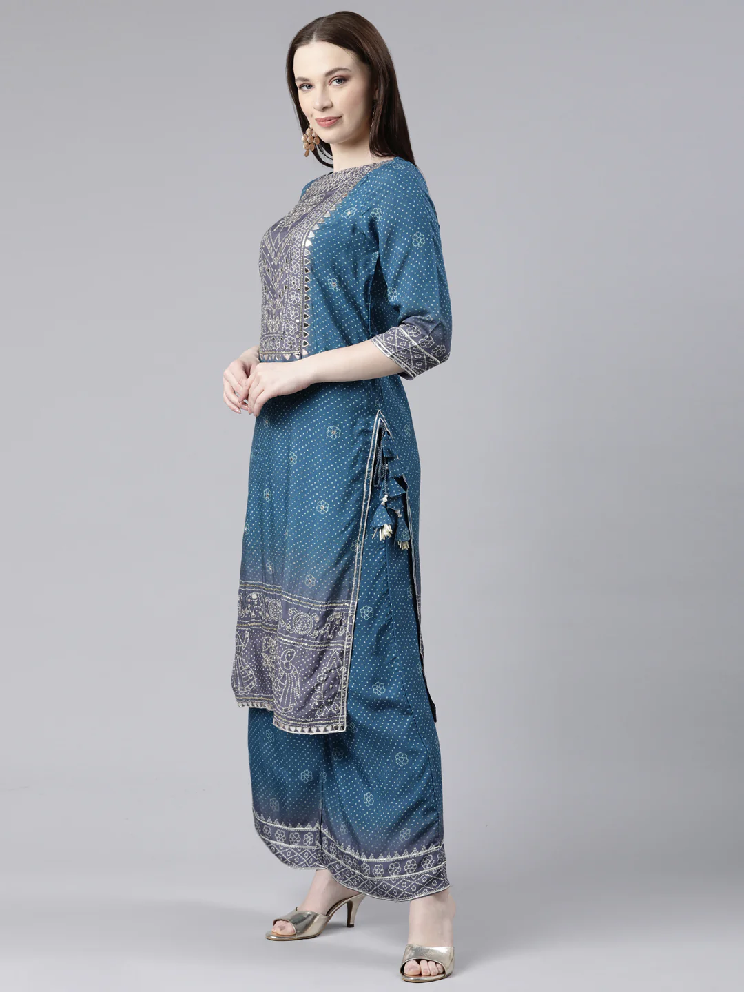 Neerus Green Regular Knee Length Printed Kurta Printed Palazzos With Dupatta - Image 2
