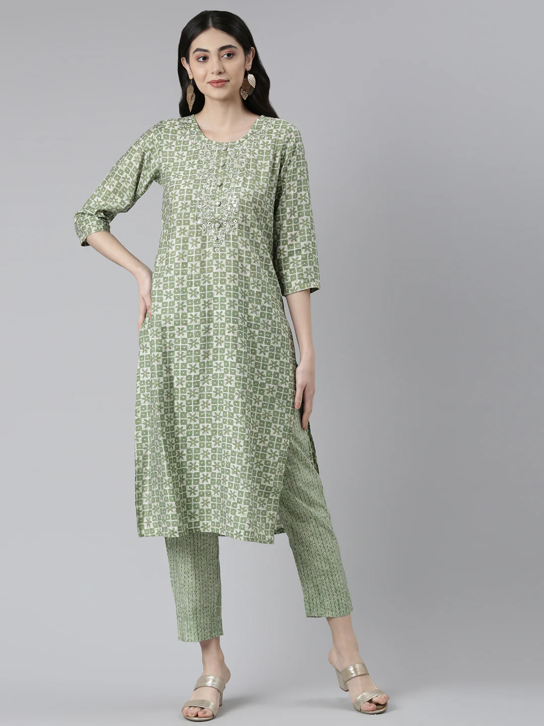 Neerus Green Regular Knee Length Printed Kurta Printed Trouser