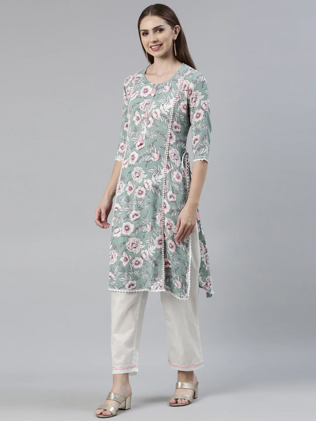 Neerus Green Regular Knee Length Printed Kurta Solid Trousers - Image 2