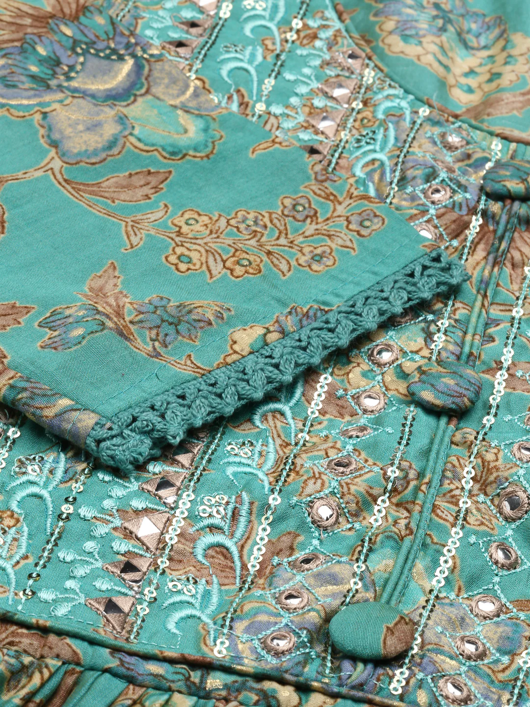 Neerus Green Regular Knee Length Printed Kurta Solid Trousers With Dupatta - Image 4